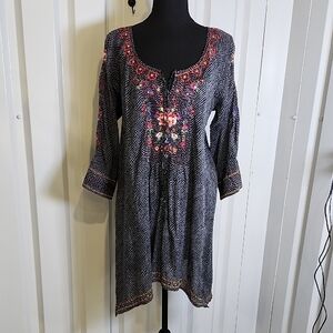 3J Workshop Womens Black Polka Dot Tunic with Floral Embroidery Size Medium